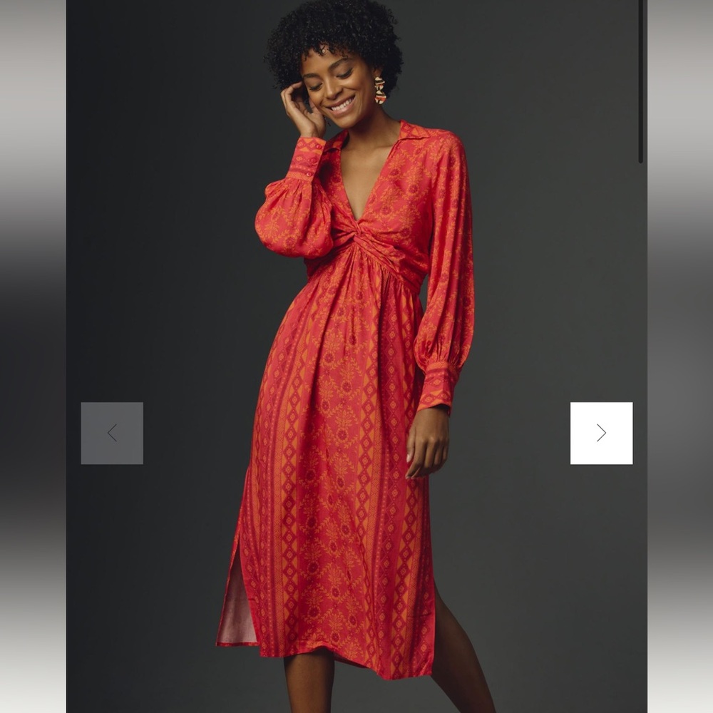 Farm Rio Long-Sleeve V-Neck Midi Dress